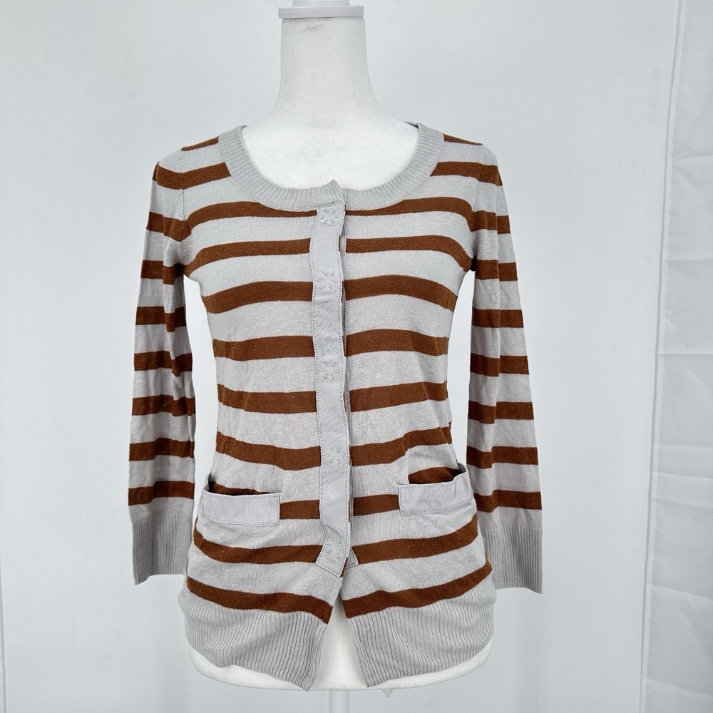 Wallace Women's Striped Linen Blend Cardigan XS Brown Gray Soft Twee Pockets
